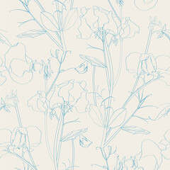 Cotton fabric Seamless flower pattern background with Sweet pea flower and leaf, blue line drawing illustration.