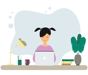 Young girl in glasses studying online with laptop and books. Back to school, online education. Table with books, lamp, Tea cup. Vector illustration in flat style.