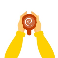 Hands in a sweater hold a cup of coffee. Vector illustration in flat style.