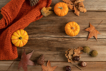 autumn template with pumpkins and dried leaves on wooden background