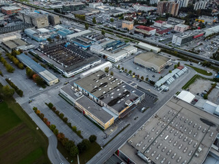 Evening industrial zone district drone aerial view