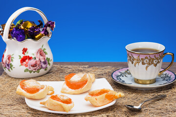 Delicious tea time with cakes and chocolates