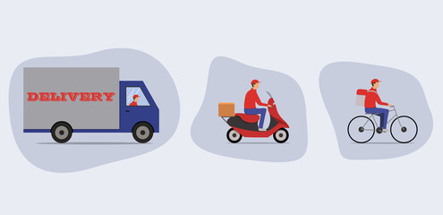 Naklejka premium Online delivery service concept, online order tracking, delivery home and office. Warehouse, truck, scooter and bicycle courier, delivery man in gloves.