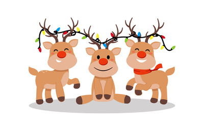 Group of cute reindeer decorated with Christmas lamp. Holiday clip art. Cute flat vector illustration isolated on white background. © cloverlittleworld