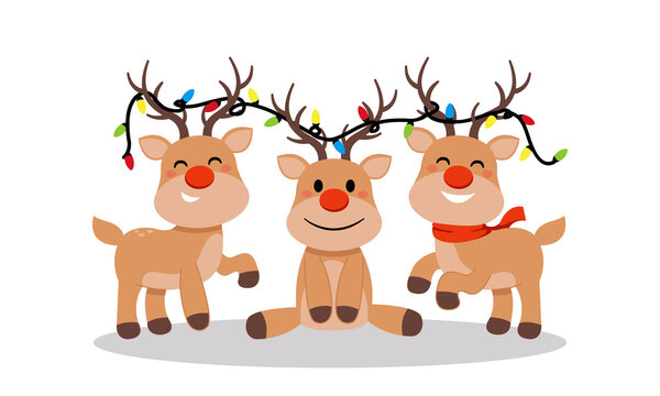 Group of cute reindeer decorated with Christmas lamp. Holiday clip art. Cute flat vector illustration isolated on white background.