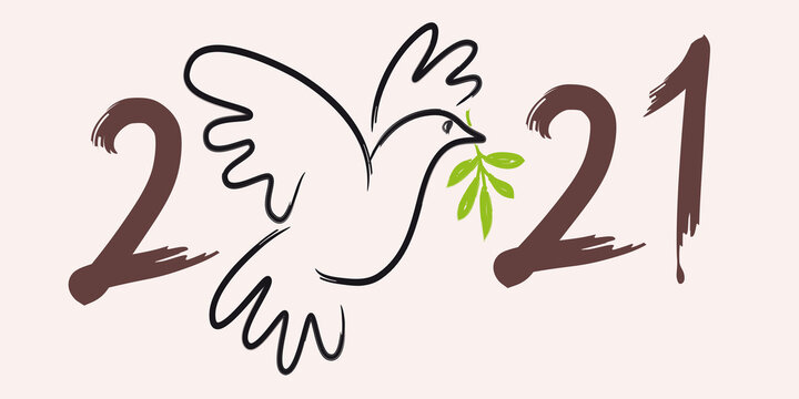 Illustration au trait d’une colombe avec un rameau d’olivier, pour souhaiter une année 2021 sous le signe utopique de la paix dans le monde.