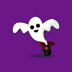 Cute Ghost Halloween Character Out From Hat. Vector Illustration Halloween Celebration. Can use For web, Banner, Poster, Sticker