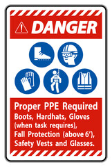 Danger Sign Proper PPE Required Boots, Hardhats, Gloves When Task Requires Fall Protection With PPE Symbols