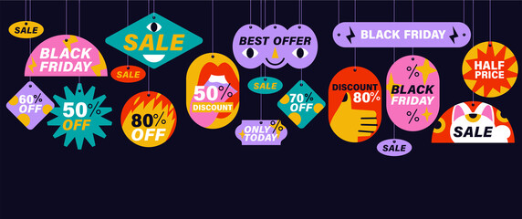 Vector set of sale discount black friday stickers, labels, badges or tags. Web banner. Modern and colorful promotion marketing.