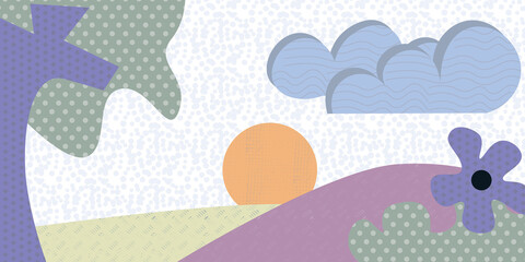The scenery with mountains, landscapes, trees, sun with the textured colored theme.