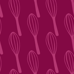 Kitchen tools seamless pattern with doodle corolla elements. Dark pink palette artwork. Cooking tools print.