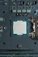 Fototapeta premium Close-up image of CPU microchip. Top view, macro photography