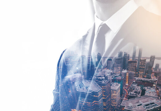 Double exposure of Business people in thoiughful agreement