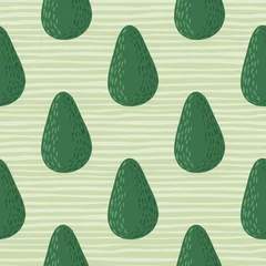Fototapete Avocado Vegetarisches nahtloses Muster mit Bio-Doodle-Avocados. Grüne Verzierung des Frühstücksnahrungsmittels auf hellem abgestreiftem Hintergrund.