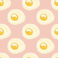 Hand drawn natural organic egg seamless pattern. Omelette healthy breakfast on pink background.