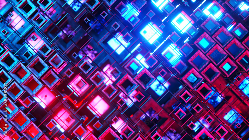 Poster 3d illustration of colorful glass rows of cubes floating through the prog, creating an abstract grap