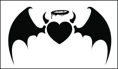 Angle Heart has horns and Devil Wings - Black and white vector illustration