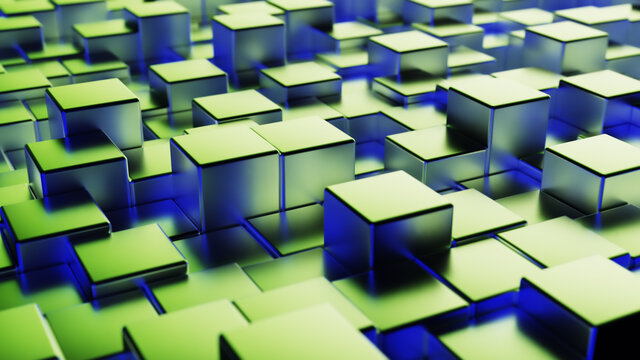 Abstract blue green metallic background from cubes. Wall of a metal cube. 3d illustration © flashmovie