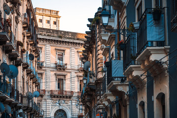 CATANIA, ITALY - January 19, 2019: Antique building view in Old Town Catania, Italy