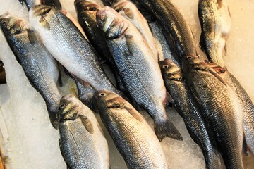 Stalls with sea food at fish market in Athens, Greece.