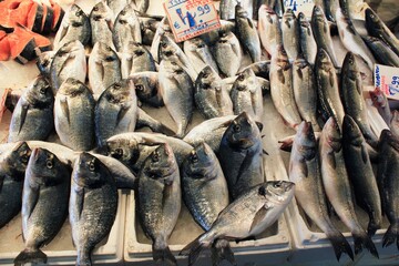 Obraz premium Stalls with sea food at fish market in Athens, Greece, July 27 2020.