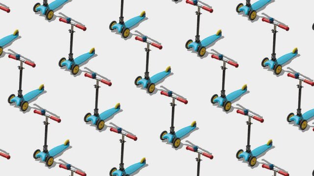 Animated background from large group of kick scooter on white background.  Scooters ride diagonally from top to bottom. Flat lay, top view. Isometric view. Seamless loop video. 
