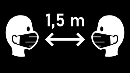 Social Distancing Keep Your Distance 1,5 m or 1,5 Metres Sign with People wearing Face Masks and Distance Arrow. Vector Image.