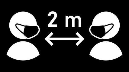 Social Distancing Keep Your Distance 2 m or 2 Metres Sign with People wearing Face Masks and Distance Arrow. Vector Image.