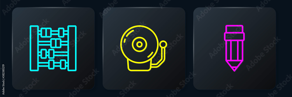 Poster set line abacus, pencil with eraser and ringing alarm bell. black square button. vector.