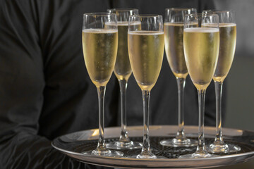 Bartender with champagne glasses  on tray