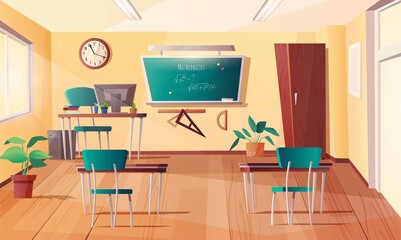 Classroom for mathematics subjects. Cartoon interior with board, clock on the wall, monitor, personal computers on desks, teacher table, books, plants in spots. Vector illustration.