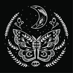 Vector illustration, hand-drawn butterflies. Abstract mystical sign.Sky patterns in the style of old engravings. Vector set of sacred geometric and natural symbols on a black background.