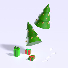 3d render. Green Xmas trees flying with golden baubles decoration and gift boxes on white snow near footprints. Winter holidays concept. Surreal art.