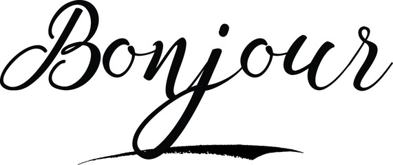 Bonjour Calligraphy Handwritten Black Color Text On Yellow  Background © Image Lounge