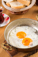Traditional Turkish Breakfast - Fried Egg, Bread and Tea