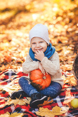 Happy child sitting in the park on yellow leaves holds a yellow maple leaf in his hand. Orange pumpkins lie nearby. Against the background, the sun illuminates the yellow foliage.