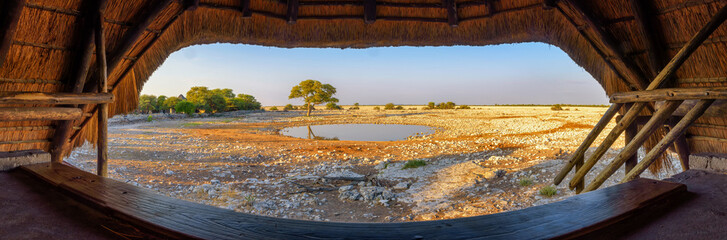 View from animal watching hide over a waterhole in Etosha National Park, Namibia