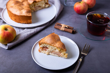 Apple pie Charlotte. A traditional biscuit cake with apples and cinnamon. Close-up.