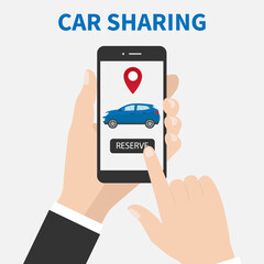 Isolated vector illustration of hands with smartphone app and motorway traffic.