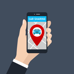 Isolated vector illustration of hands with smartphone app and motorway traffic.