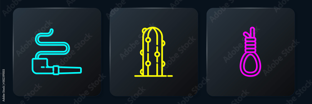 Poster set line smoking pipe, gallows rope loop hanging and cactus. black square button. vector.
