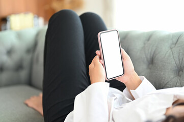 Cropped shot of female freelancer relaxing on couch and using smart phone with blank screen at home.