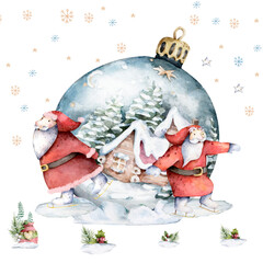Naklejka premium Skating Santa Claus with Christmas ball. Hand drawn watercolor winter christmas set islated illustration. Happy new year card