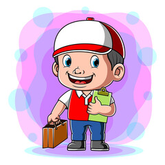 The courier holding the paper bag for the costumer