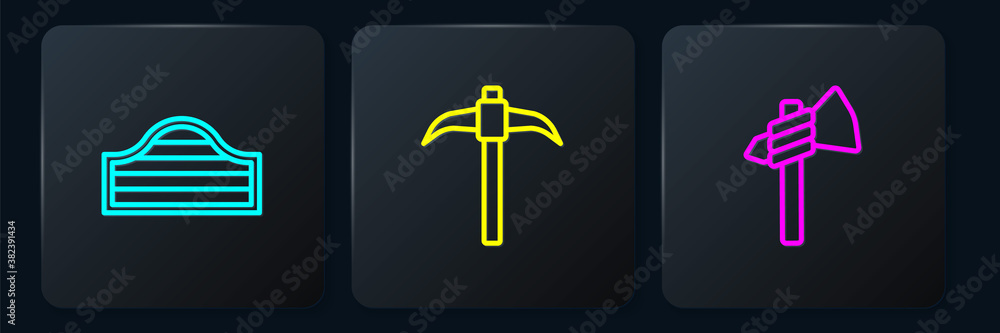 Poster set line saloon door, tomahawk axe and pickaxe. black square button. vector.