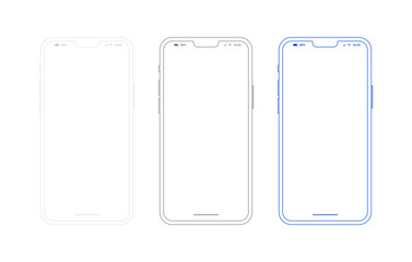 Smartphone outline mockup, different colors set. Generic mobile phone in front view and empty screen for ur app design or web site presentation. Black, white and blue templates in line style.