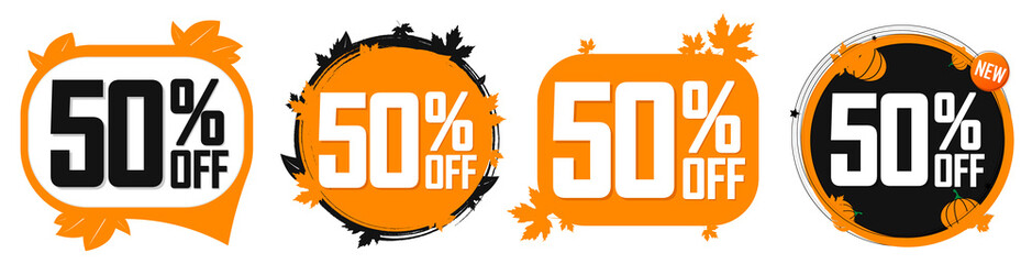 Set Autumn Sale 50% off banners, discount tags design template, vector illustration