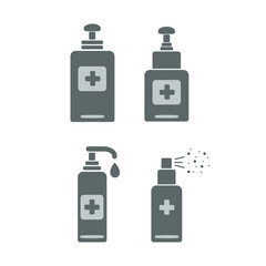 Isolated icons of flacons. Disinfection concept. Personal hygiene. Disinfection, antibacterial spray. Vector illustration in grey colors.