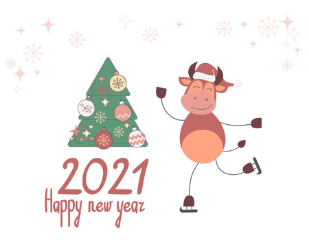 Happy chinese new year 2021 of the ox, isolated on white. New year 2021 card. Symbol of the year. Vector illustration.
