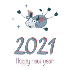 2021 Greeting card with Cheerful ox and  new year elements. Isolated on white.  Happy chinese new year 2021 of the ox. Symbol of the year. Vector illustration. Clip art for web card, poster, cover.